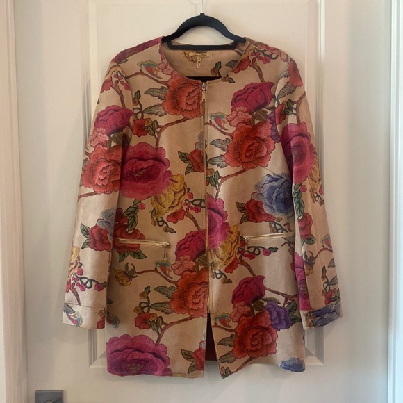 Sweet Miss Tan Floral Faux Suede Zip Up Jacket - Picture 1 of 4